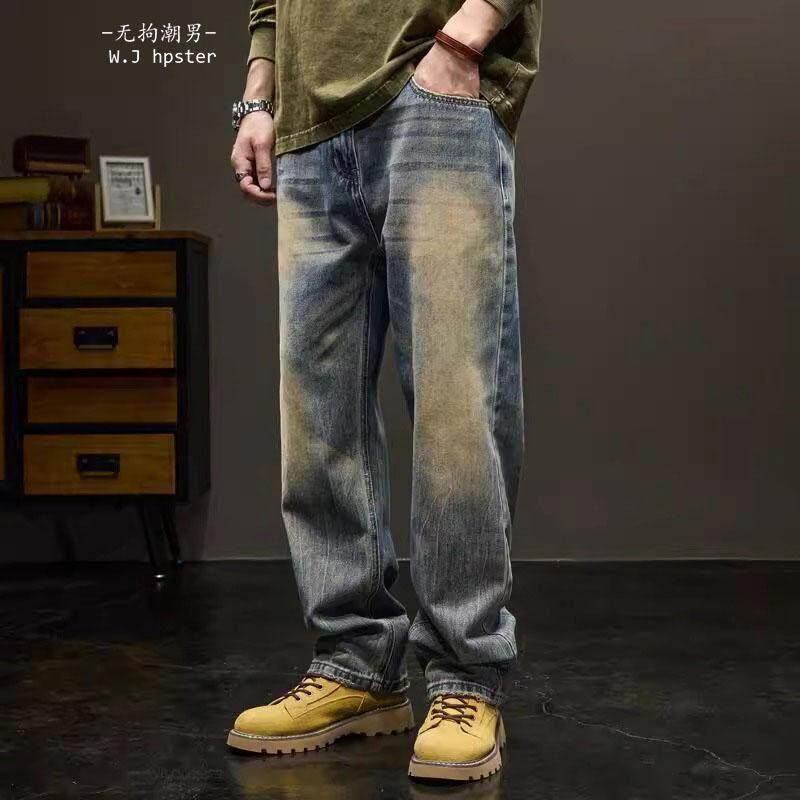 潮牌it neith BIAS美式高街黄泥染牛仔男秋季直筒宽松垂感阔腿裤