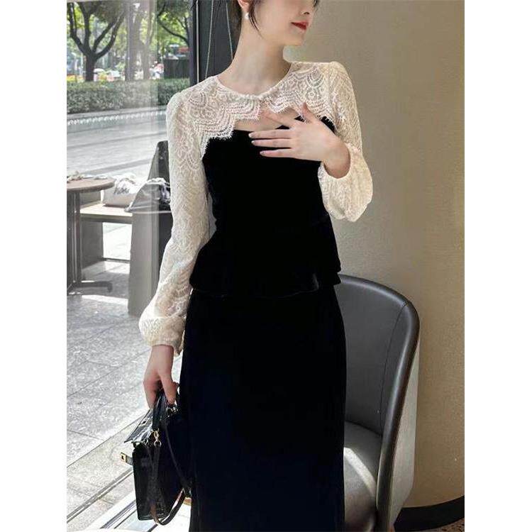 欧洲站秋装2025年新款法式赫本风时髦洋气套装黑色丝绒裙子两件套