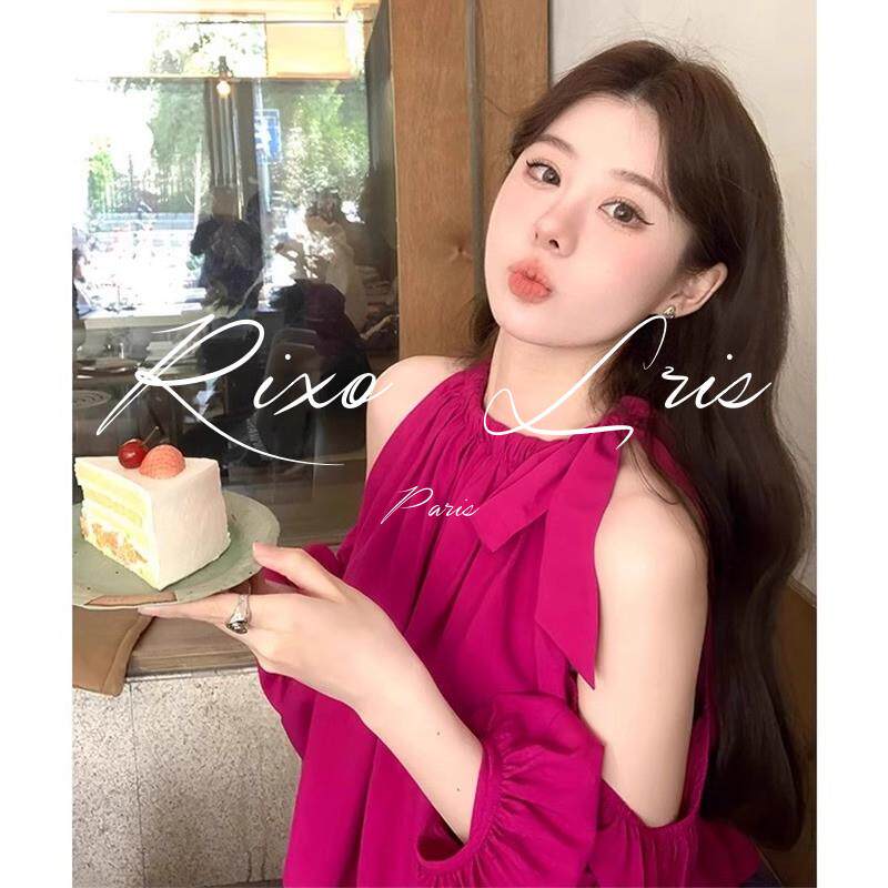 RIXO LRIS火龙果色蝴蝶结漏肩衬衫女外穿夏季宽松玫红色衬衣上衣