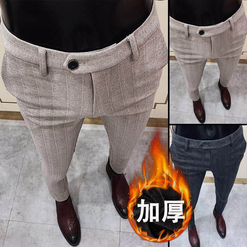 LL男装秋冬季加厚毛呢修身小脚西裤男士新款高级感西装条纹休闲裤