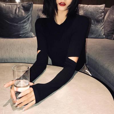 2025春秋新款长袖T恤女修身设计感小众破洞针织衫百搭内搭打底衫