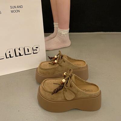 英国真皮包头半拖鞋女秋冬2025新款一脚蹬厚底内增高袋鼠勃肯单鞋