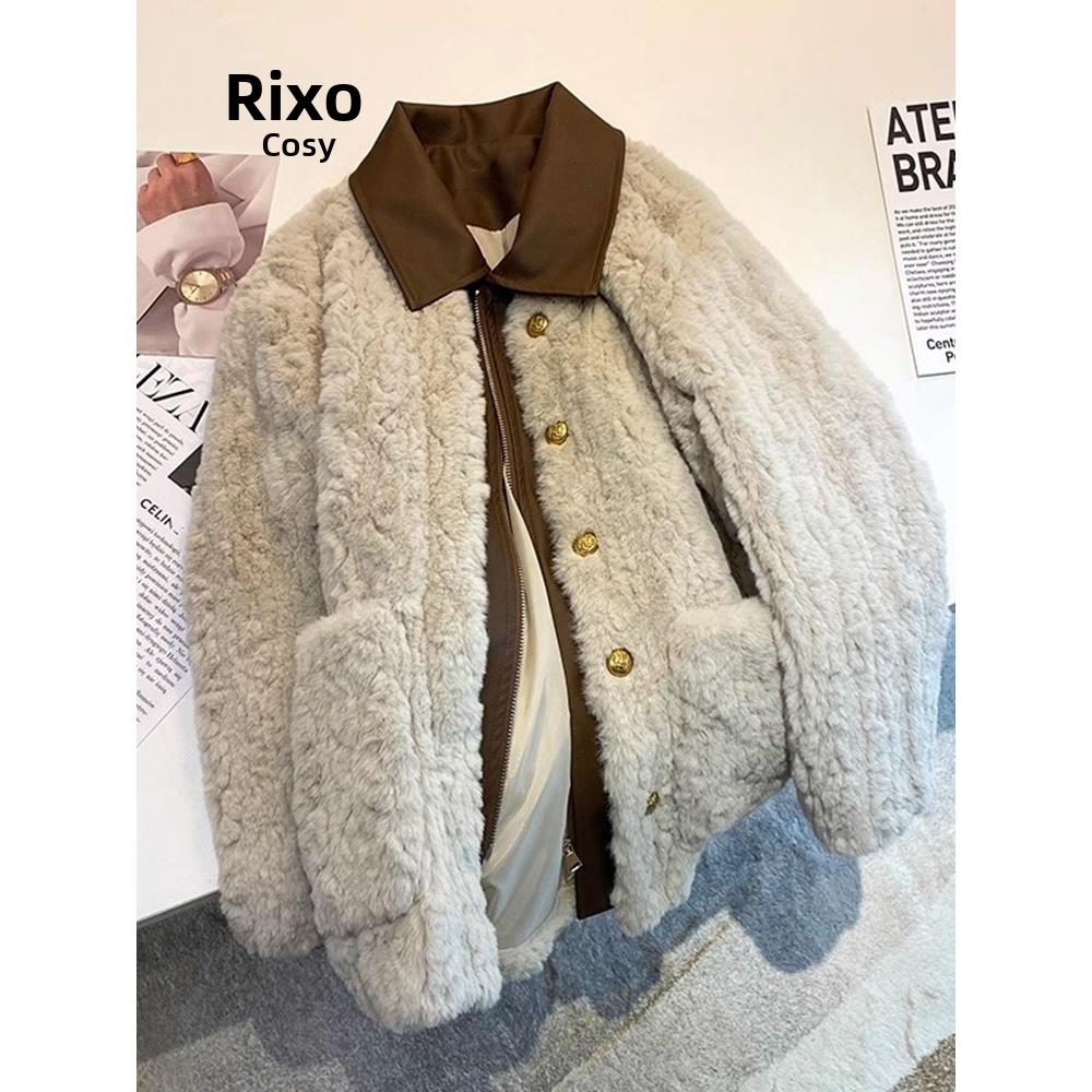 RIXO COSY小香风羊羔毛宽松加厚外套女高级感保暖加绒棉服潮