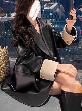 香港大尺码皮衣西装外套女士2026春秋高级感显瘦修身宽松中长版西