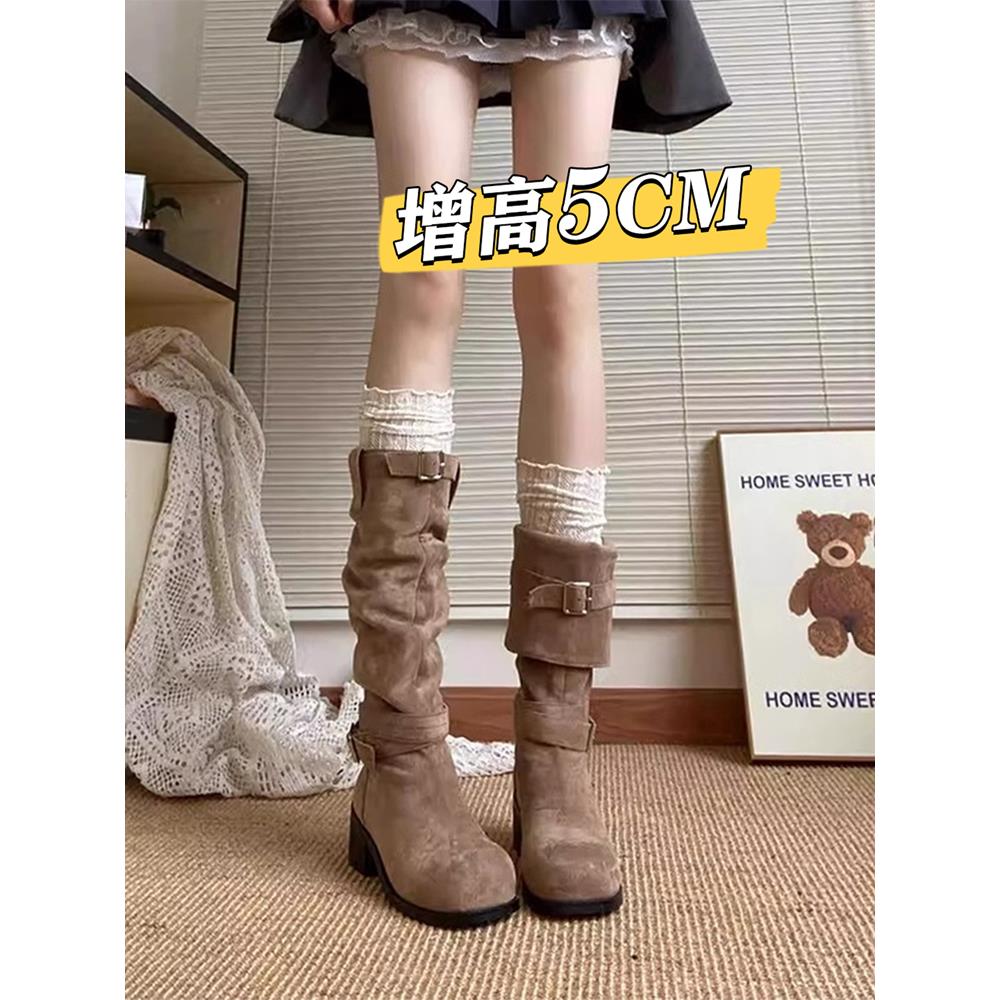 覆古粗跟长筒靴子女秋季新款高跟显瘦堆堆靴不过膝西部牛仔高筒靴
