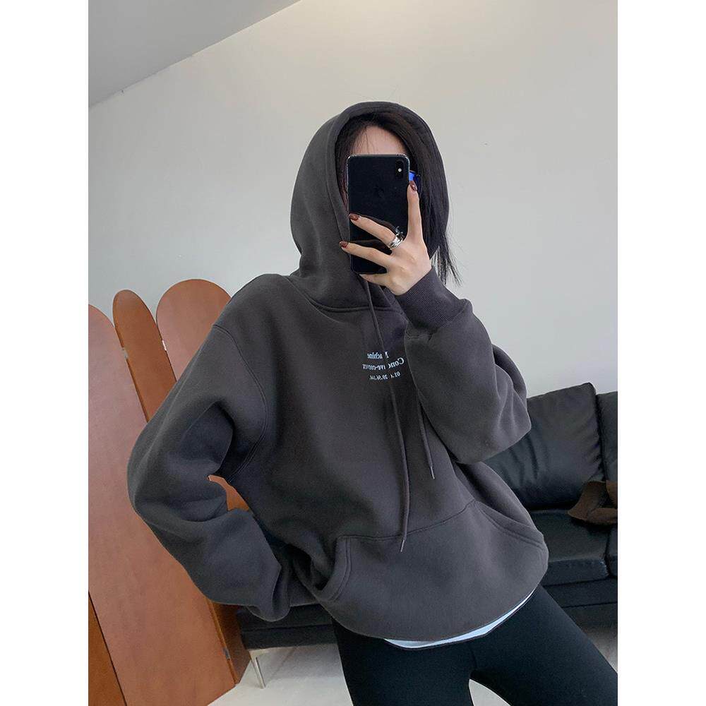 2025春秋季新款小连帽运动衫女士休闲暖字母连帽上衣加天鹅绒覆古