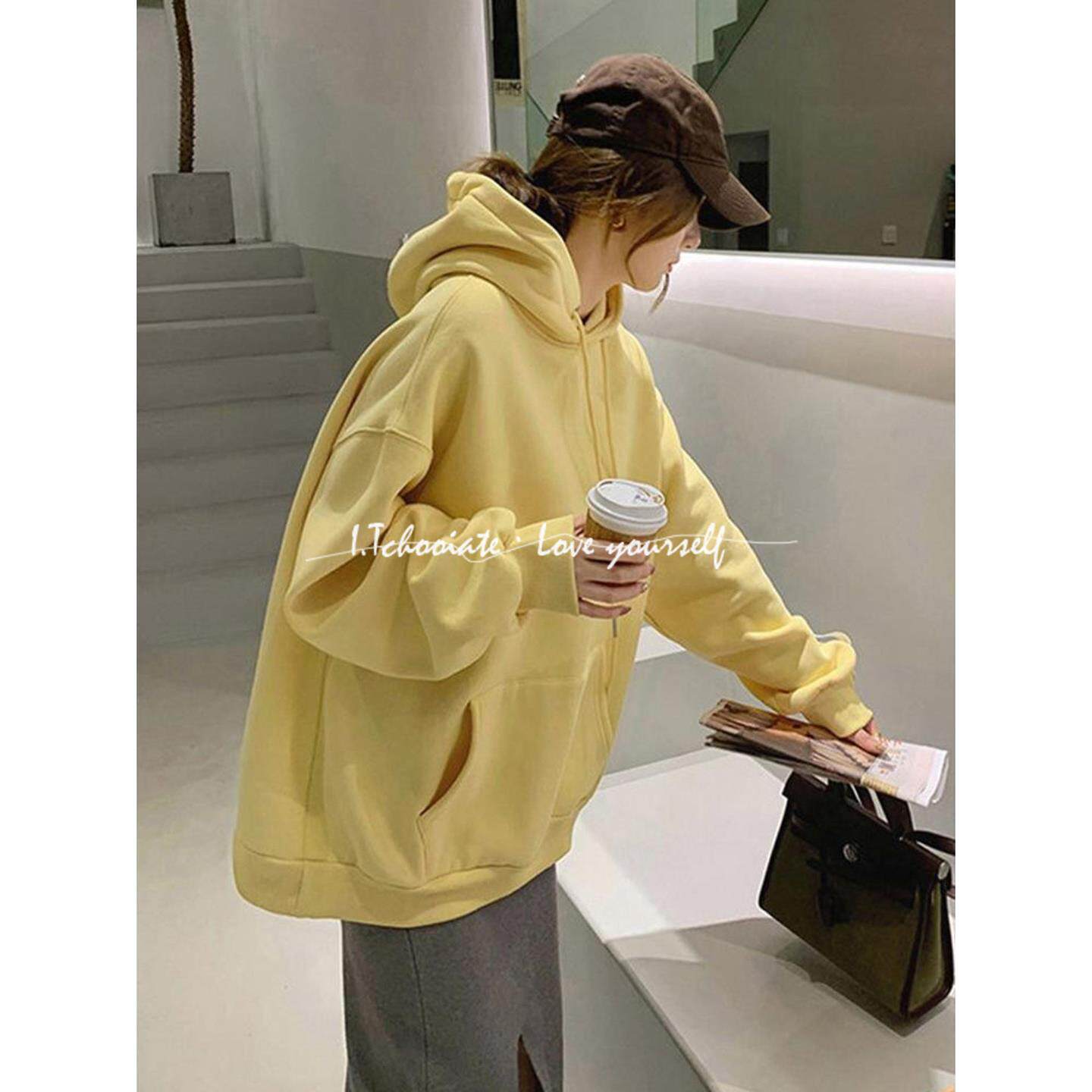 I.Tchooiate黄色连帽卫衣女2025秋款新款加绒加厚宽松小众外套潮