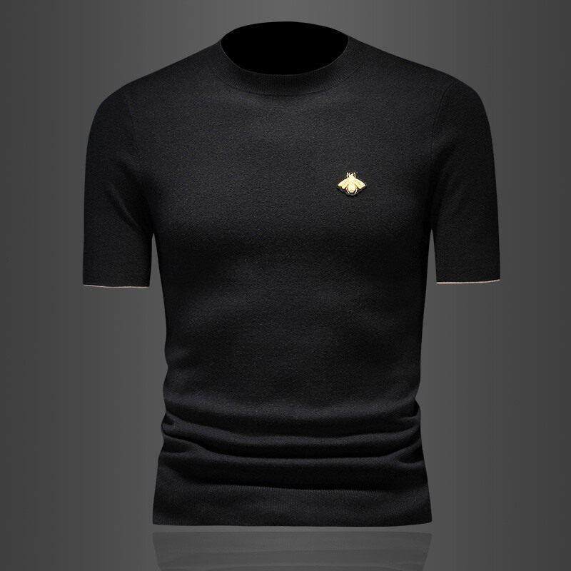 秋冬季男装半高领时尚刺绣短袖羊毛衫韩版修身套头毛衣打底针织衫