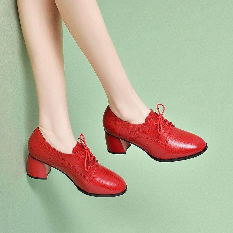 系带深口粗跟单鞋女2025年秋季新款红色妈妈皮鞋中跟软底真皮女鞋,女鞋,浅口单鞋,淘宝优惠券,粉丝福利购,淘宝优惠卷