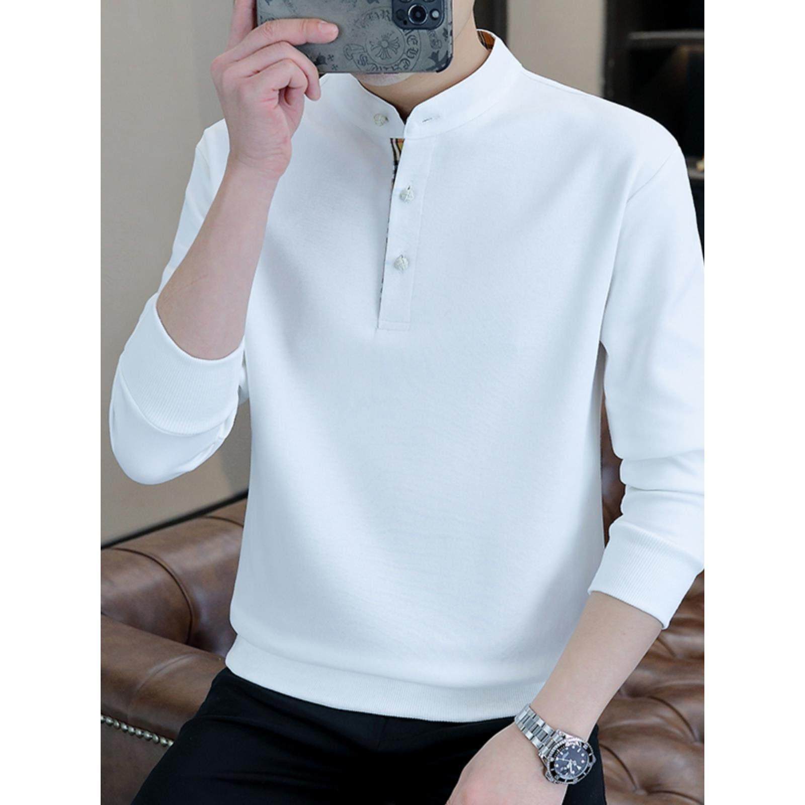 春季休闲 上衣男士立领长袖T恤秋冬季青年休闲 宽松纯棉半高领厚