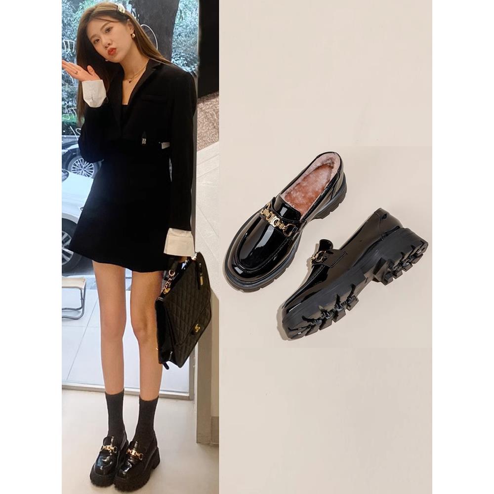 英伦风真皮厚底小皮鞋女秋冬季粗跟增高黑色单鞋一脚蹬软底乐福鞋