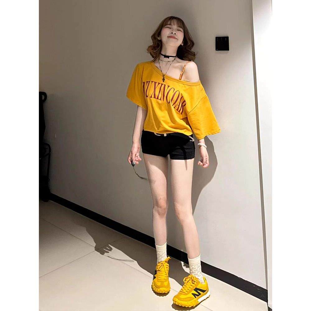 法式Rixo Kelly斜肩露肩短袖t恤女多巴胺宽松百搭设计感休闲上衣