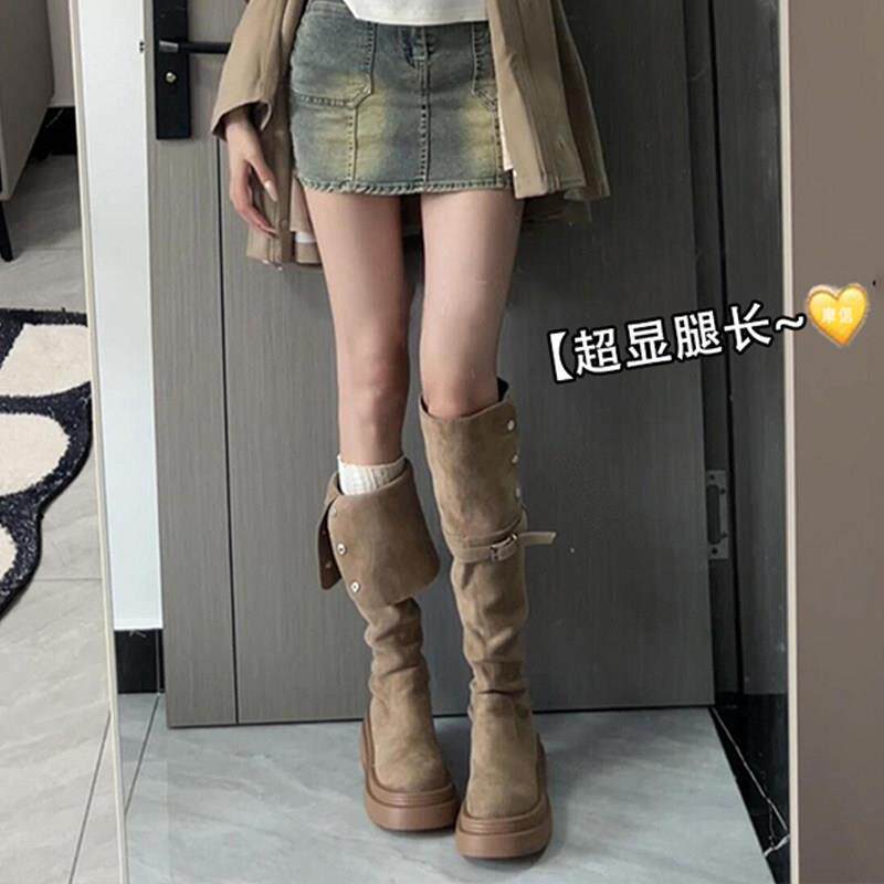 欧美风厚底粗跟绒面长筒靴女秋季新款不过膝显瘦高筒长靴子骑士靴