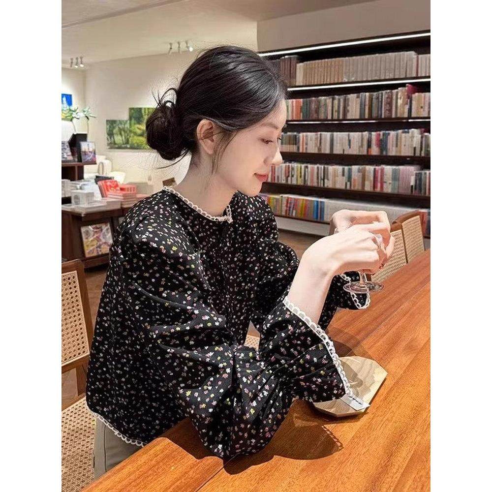 法国Rixo Kelly减龄设计感洋气独特别致气质绝美黑色碎花衬衫上衣