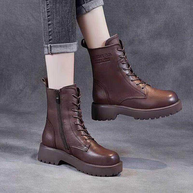 气质高帮皮鞋秋冬真皮厚底马丁靴女新款复古粗中跟中筒英伦风短靴,女鞋,马丁靴,淘宝优惠券,粉丝福利购,淘宝优惠卷