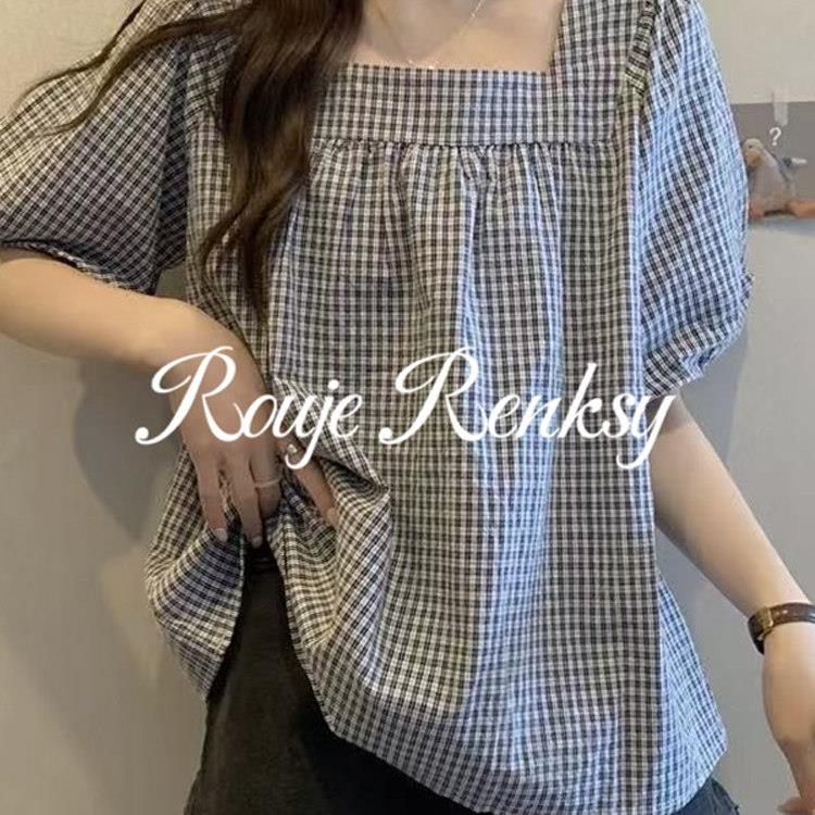 法国rouje renksy法式减龄方领格子泡泡袖设计后背系带衬衫女夏季