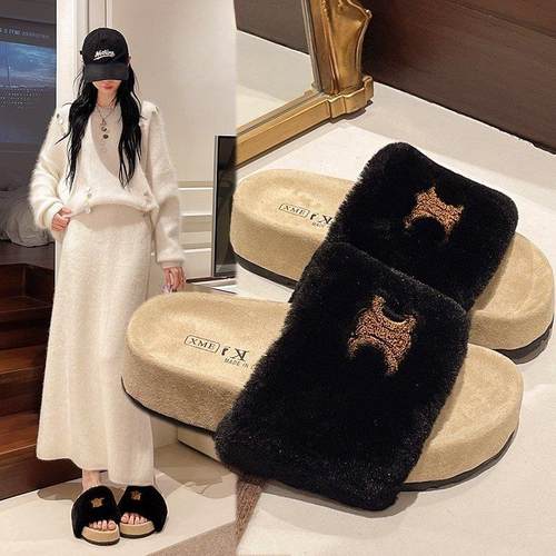 英国真皮厚底勃肯毛毛拖鞋女款外穿2025秋冬季新款松糕增高棉拖鞋