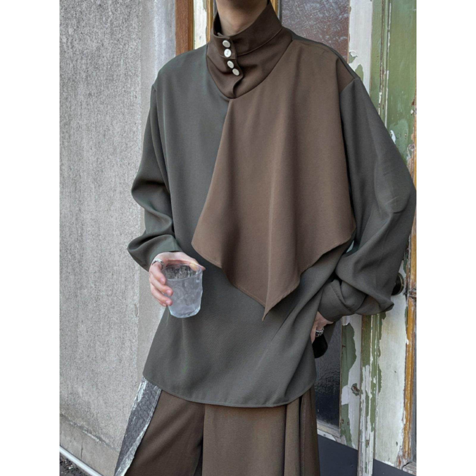 コーデュロイの潮牌设计感小众拼接立领衬衫男半高领日系暗黑衬衣,男装,秀禾服,淘宝优惠券,粉丝福利购,淘宝优惠卷