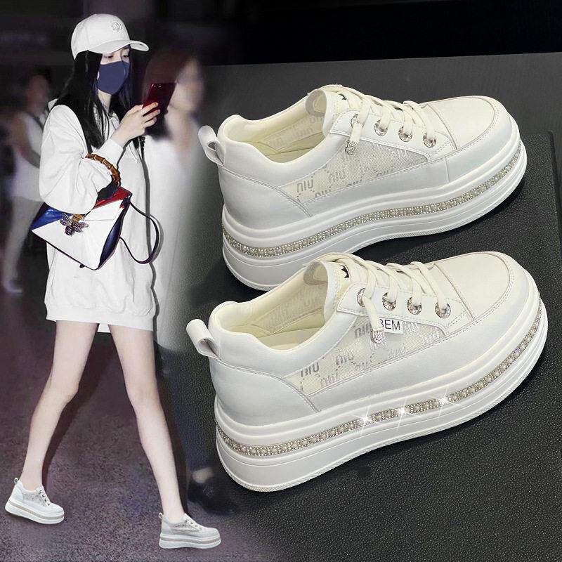 2026春夏新款仙女风水钻拼色厚底增高小白鞋女配裙子外穿网面板鞋