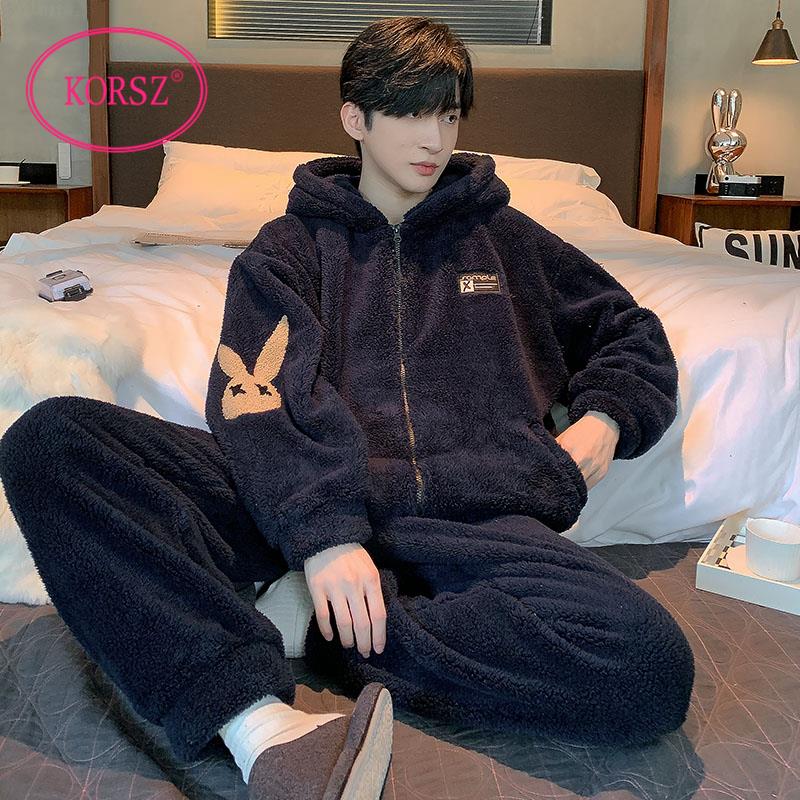 睡衣男士秋冬季珊瑚绒加厚保暖青少年连帽男款法兰绒家居服套装男
