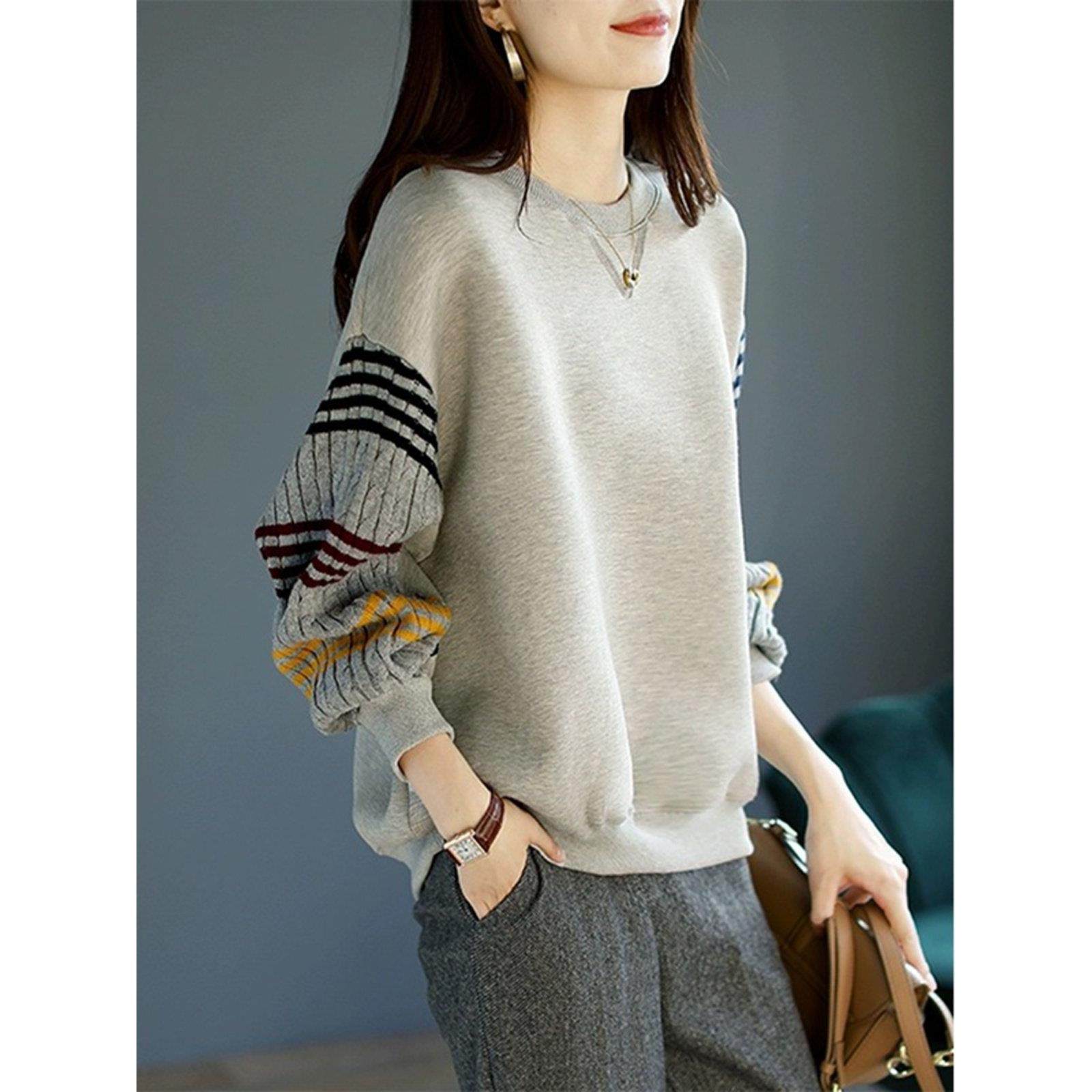 Canary Kiss拼接撞色针织卫衣女秋2025新款宽松显瘦灰色长袖上衣