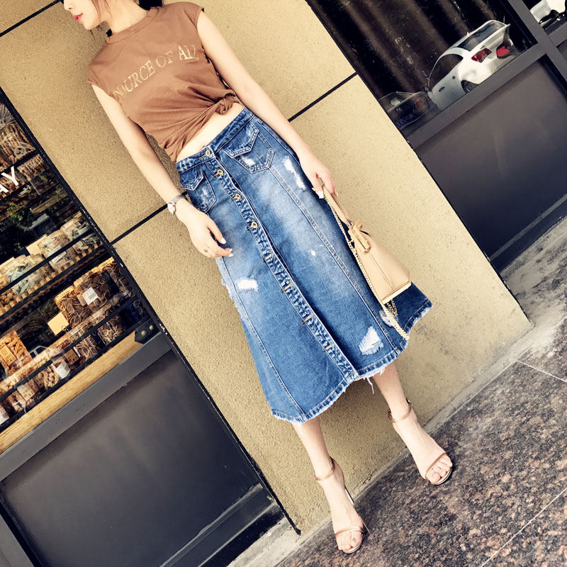 2019 Spring and summer new pattern Middle-waisted Retro Frazzle Pendulum personality Long Denim skirt Before the split ends Breasted skirtin the Women's clothing/Boutique , Skirts  category - from Buy2taobao.com to provide professional Taobao agent buy service