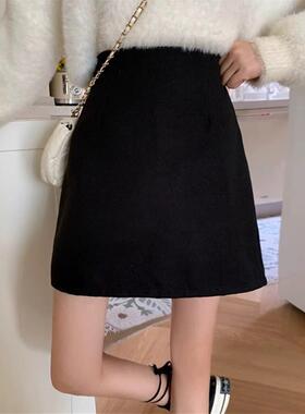 2025春秋新款黑色毛呢半身裙女高级感百搭小个子a字高腰包臀短裙