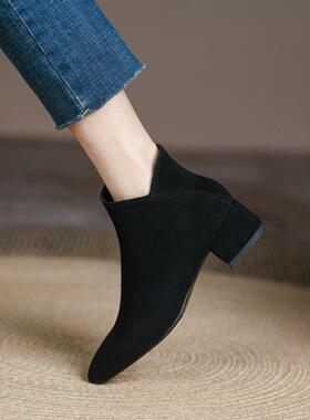 A.D Hepburn~尖头短靴女粗跟平底加绒真皮磨砂马丁靴中跟裸靴黑色