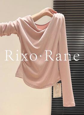 法国Rixo Rane⭐斜肩荡领长袖打底衫T恤女春露肩褶皱显瘦内搭上衣