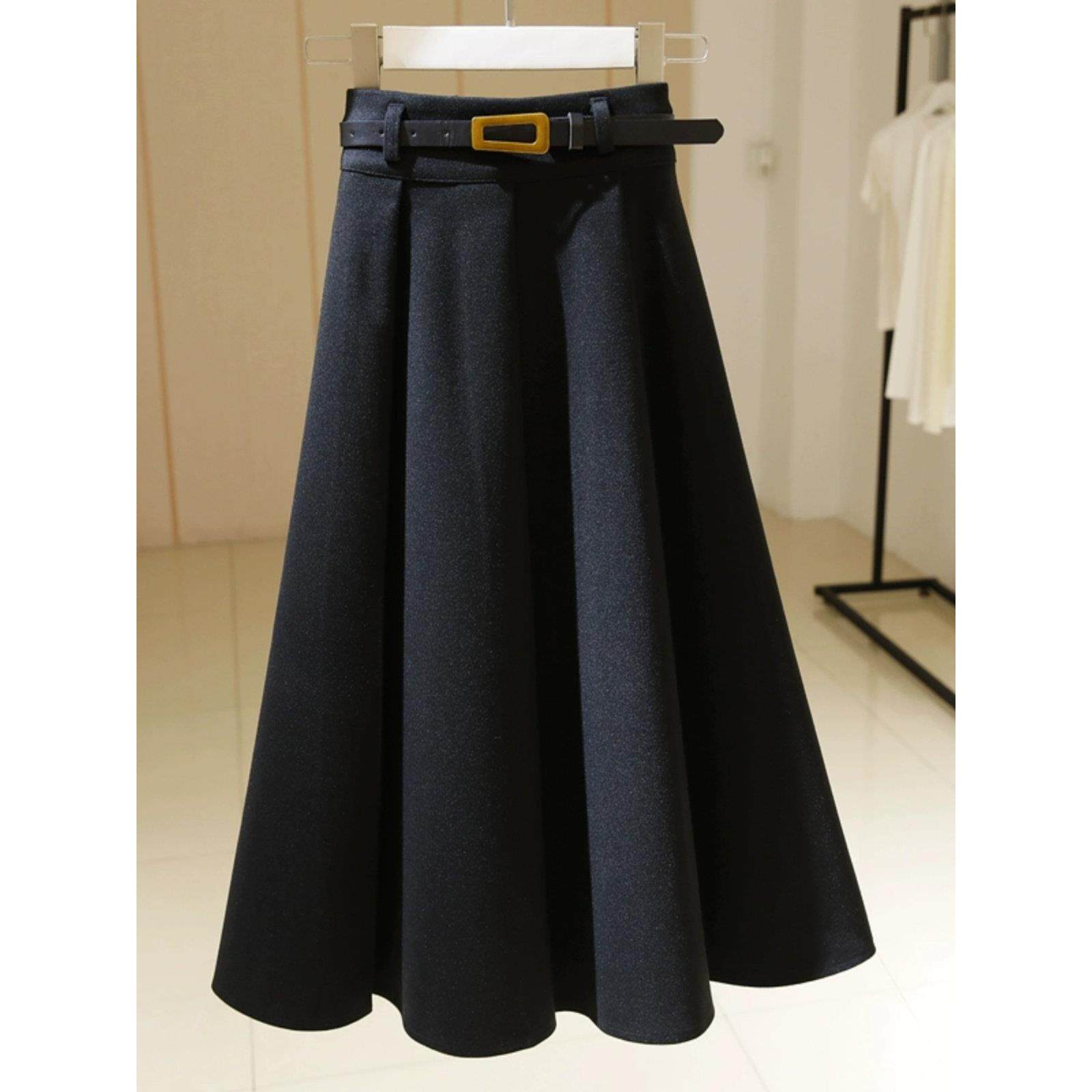 黑色中长款高腰羊毛百褶裙2025秋冬新款盖肉显瘦a字大下摆裙