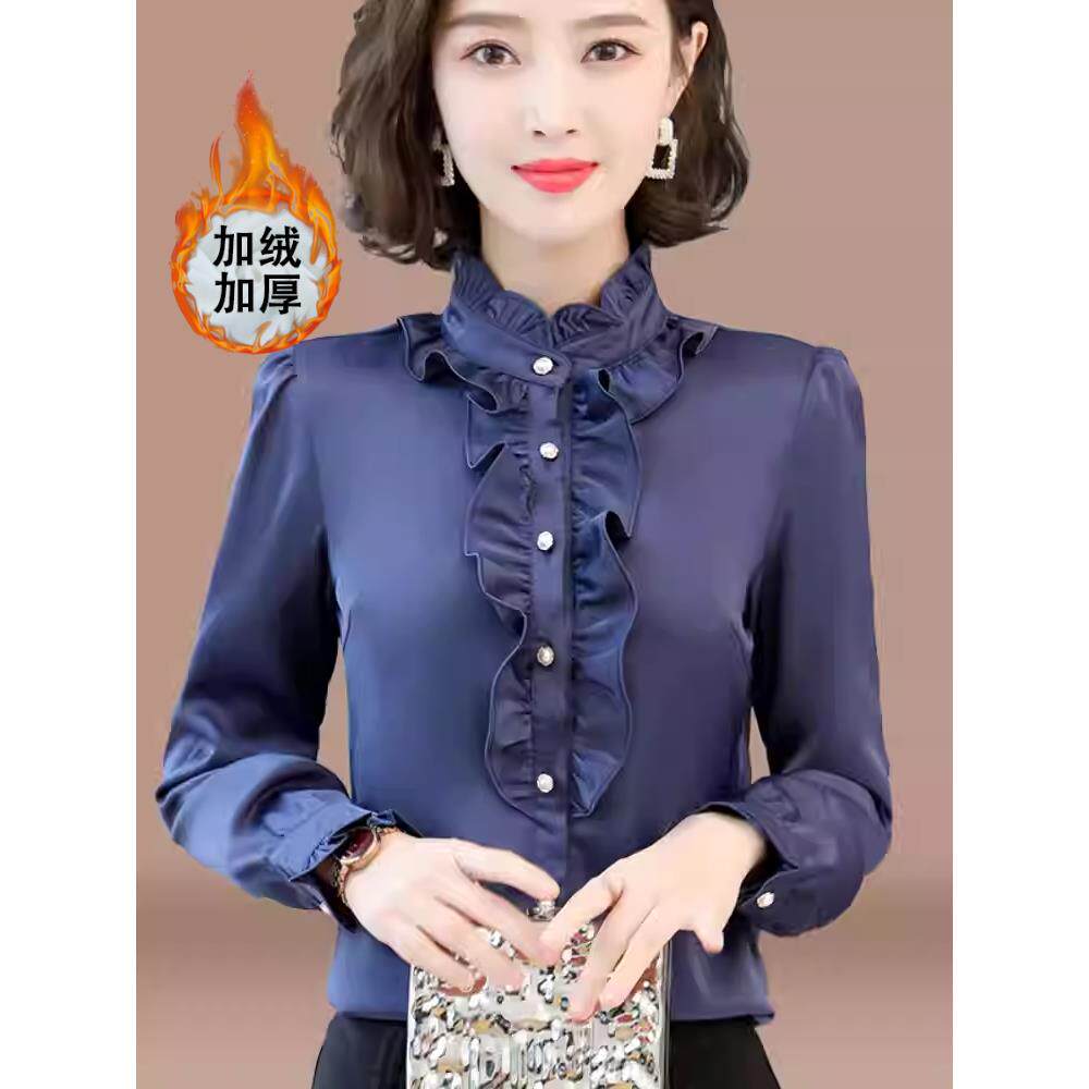 雪纺衬衫女长袖秋冬2025新款洋气显瘦加绒休闲立领衬衣打底衫上衣