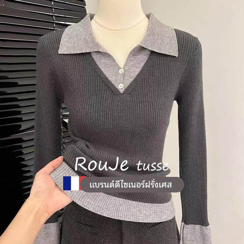 假两件灰色polo领羊毛针织开衫女2025秋冬款内搭打底羊绒毛衣外套