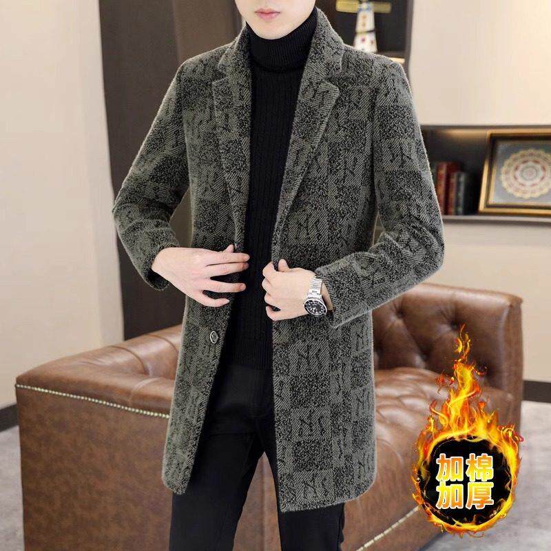 冬季格子毛呢大衣男中长款韩版潮流修身加厚男士羊绒呢子风衣外套