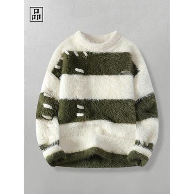 勾线设计！软糯亲肤！秋覆古慵懒风海马毛圆领条纹毛衣针织男