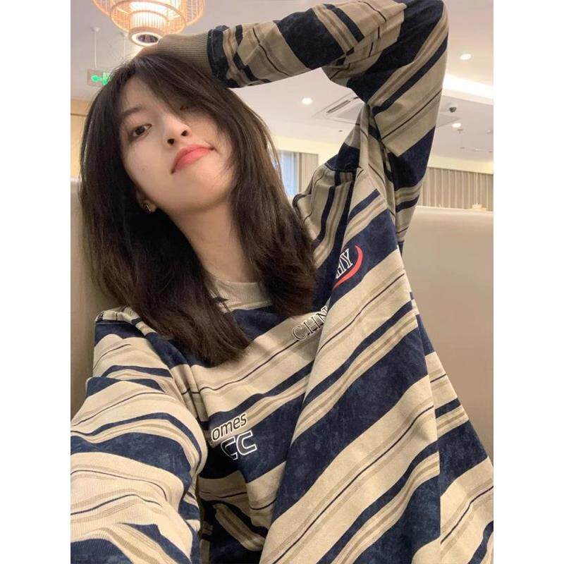 RIXO RXLY纯棉条纹长袖T恤女春秋薄款美式覆古圆领宽松打底衫上衣
