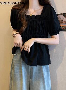 法国Rouje tusse方领正肩泡泡袖收腰娃娃衫上衣法式洋气甜美衬衣