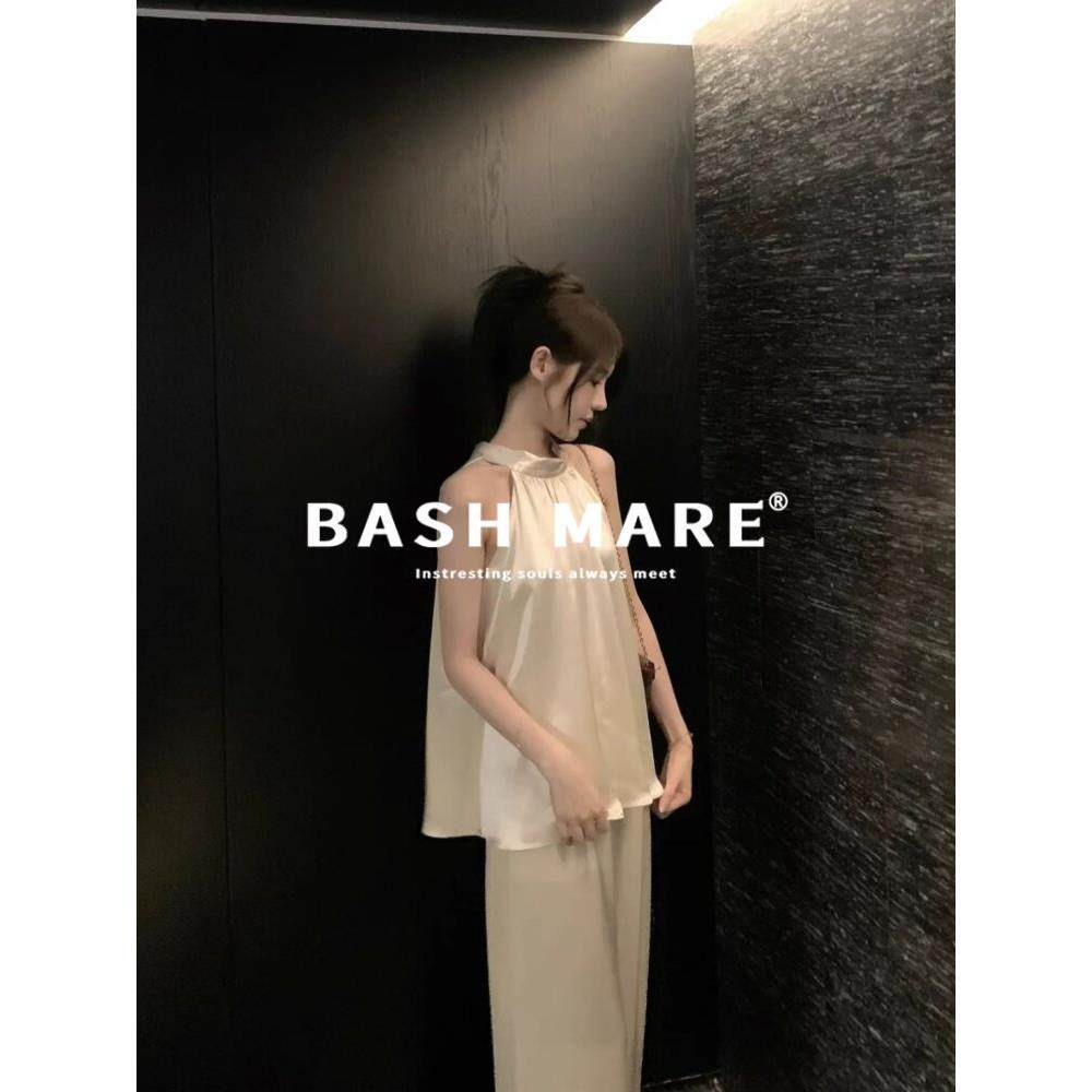BASH MARE法式轻熟缎面香槟色挂脖衬衫宽松光泽感吊带长裤套装女
