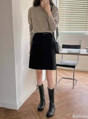 韩国NextMary毛呢直筒中裙半身裙女大码高腰显瘦一步裙a字短裙冬