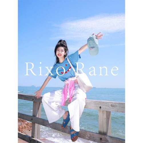 法国Rixo Rane⭐夏日多巴胺穿搭蓝色短袖t恤夏高腰白色修身阔腿裤