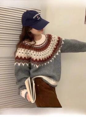 Rouje Tusse覆古提花羊绒针织女式秋冬针织衫宽松慵懒风格羊毛上