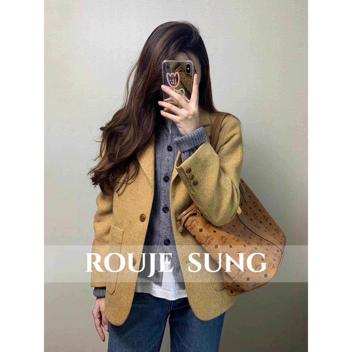 ROUJE SUNG~韩系呢子西装女春秋季新款毛呢赫本风高级感西服外套