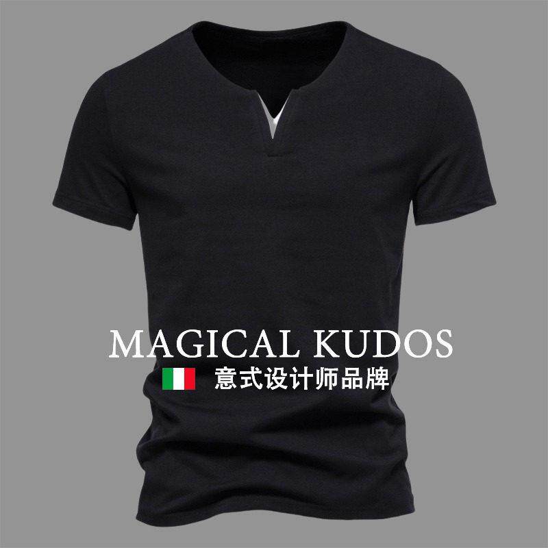 MAGICAL KUDOS纯棉弹力V领短袖T恤春季青年时尚潮流打底衫修身T恤