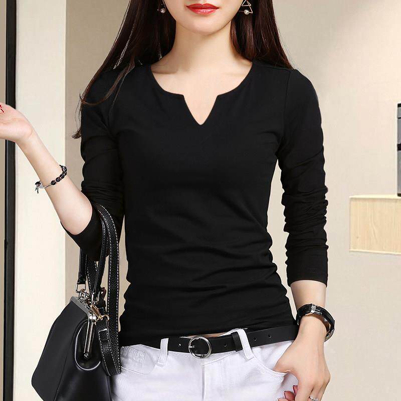 韩国黑色打底衫内搭2025秋季新款长袖T恤女修身时尚小V领加绒上衣