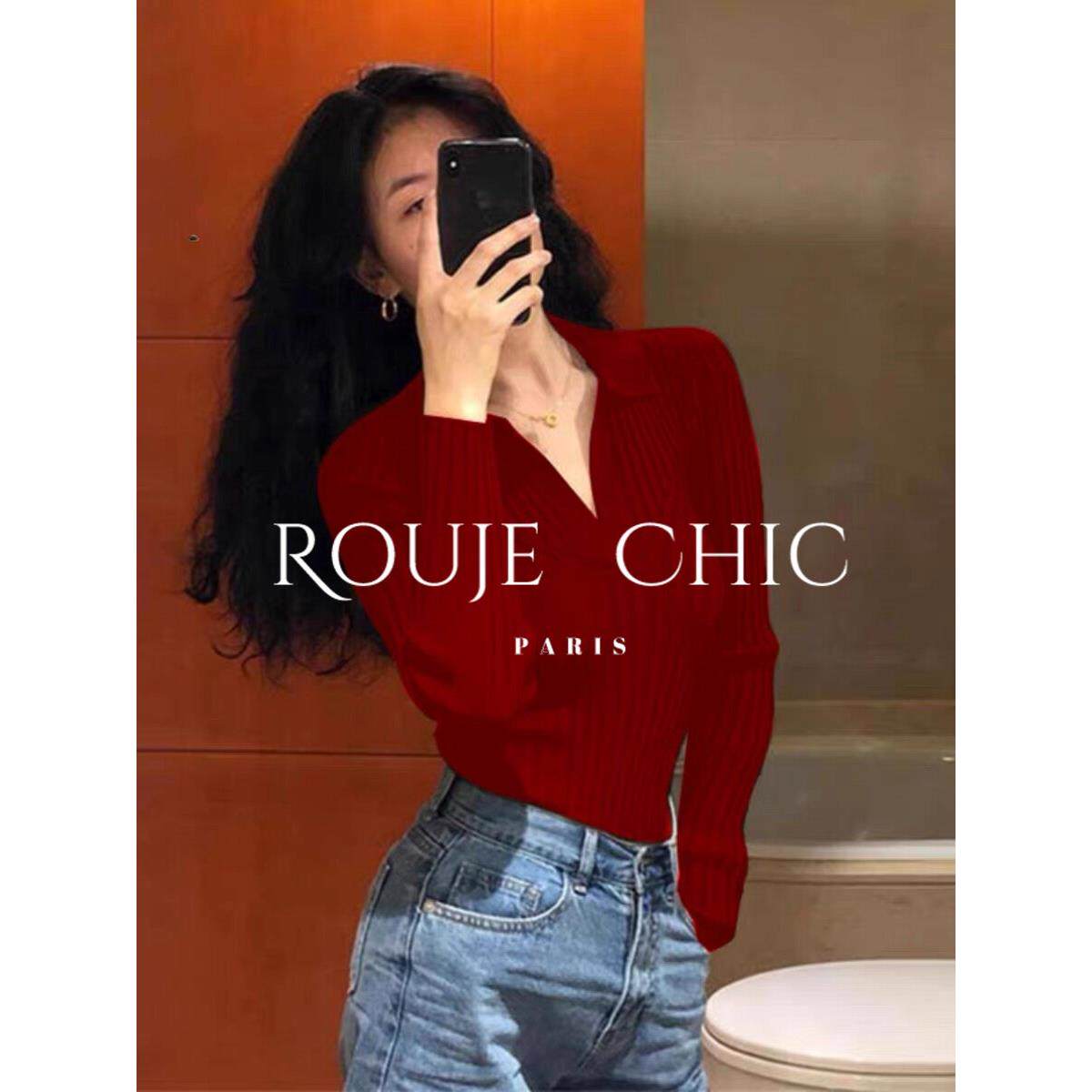 法国Rouje Chic法式高级感红色polo领针织衫女早春季修身打底毛衣