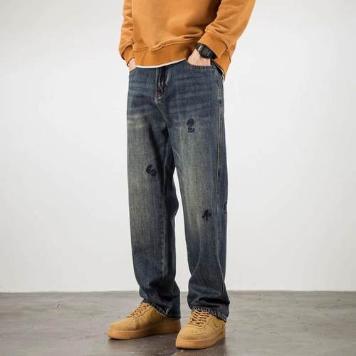 it Afternnaths潮牌~刺绣牛仔裤男休闲宽松直筒复古潮流百搭新款