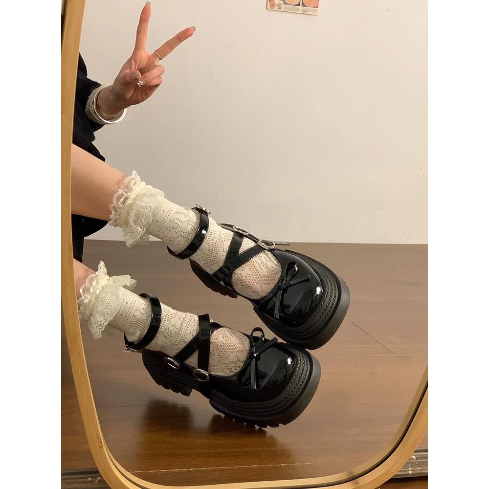 Nextkiss黑色厚底增高女式小皮鞋2025春夏新英伦风格蝴蝶结玛丽简
