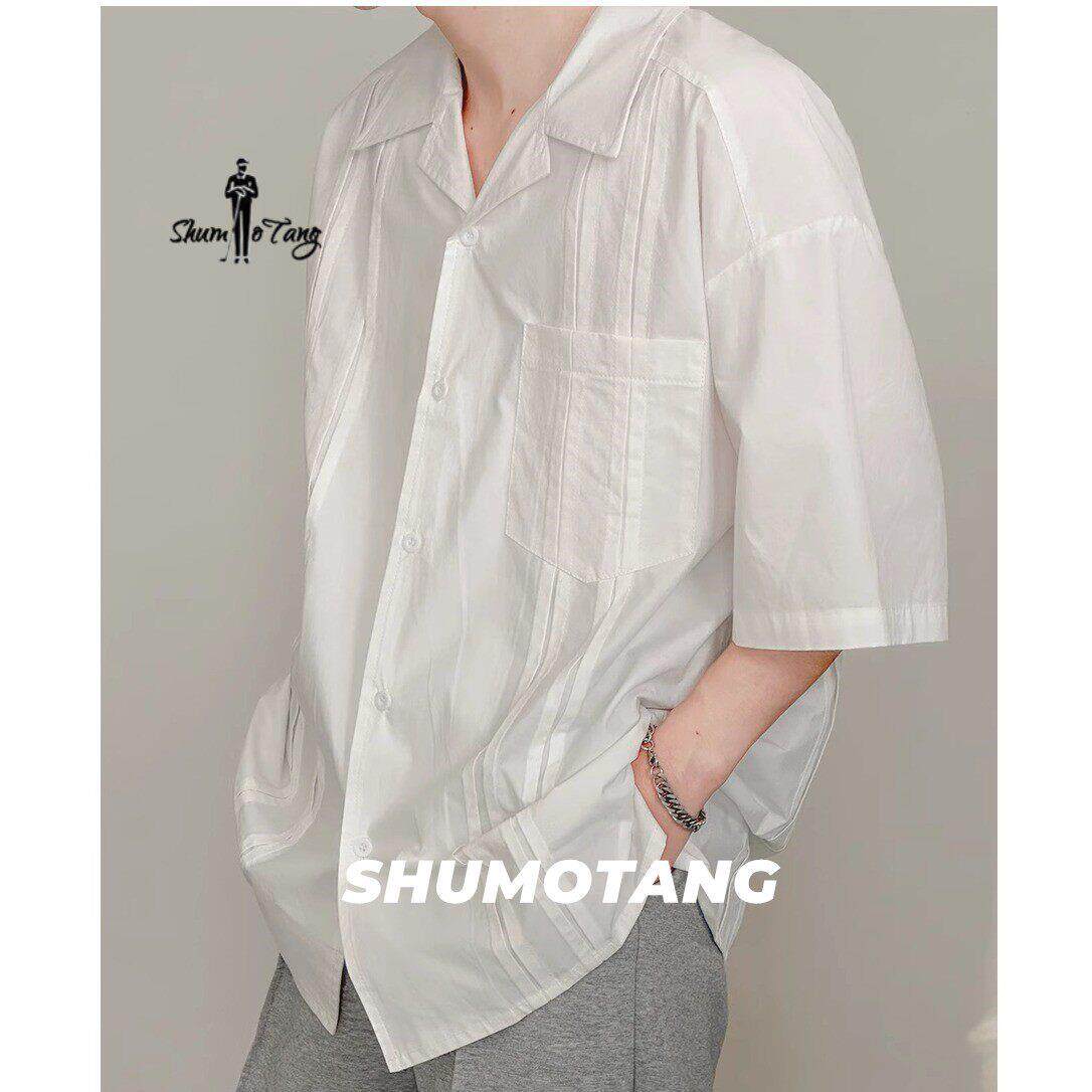 冰丝古巴领衬衫男高级感轻熟风法式V领白色短袖垂感法式男款衬衣