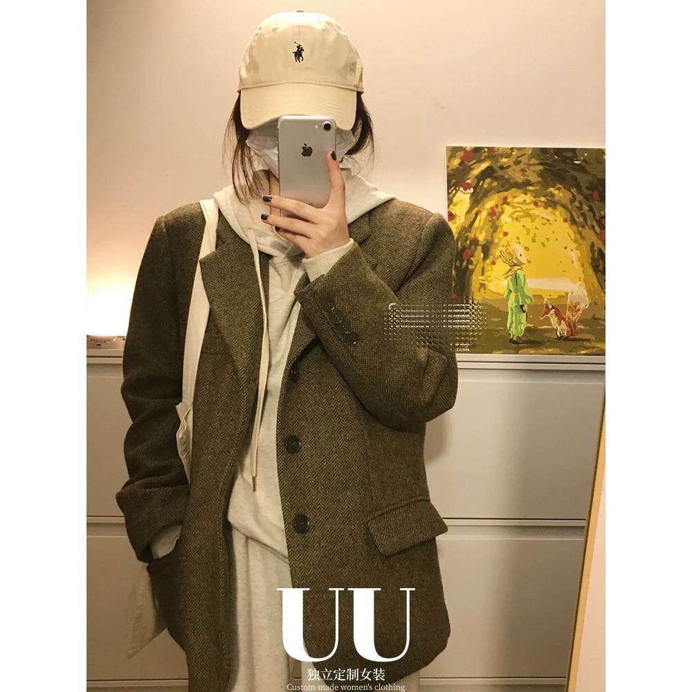 UU定制/韩版覆古人字纹夹棉羊毛呢西装外套女秋冬小个子高级上衣