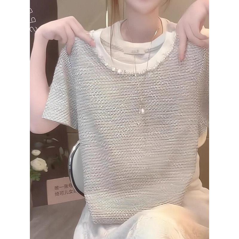 潮牌气质显瘦好看女款夏季上衣T恤圆领花边减龄洋气百搭休闲短袖