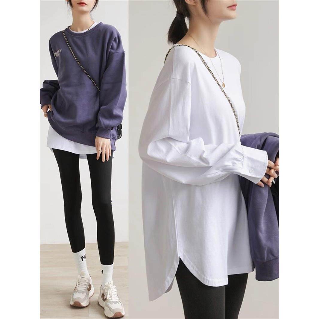 2025秋冬新款纯棉白色T恤女长袖中长款开叉高级感叠穿内搭打底衫,女装/女士精品,T恤,淘宝优惠券,粉丝福利购,淘宝优惠卷